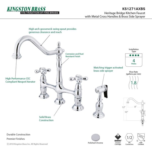 KS1271AXBS Heritage Bridge Kitchen Faucet W/ Brass Sprayer, Chrome